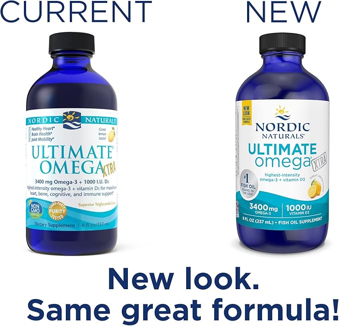 Nordic Naturals Ultimate Omega Xtra Liquid, Lemon Flavor - 8 oz - 3400 mg Omega-3 + 1000 IU Vitamin D3 - Omega-3 Fish Oil - EPA & DHA - Brain, Heart, Joint, & Immune Health - Non-GMO - 48 Servings
