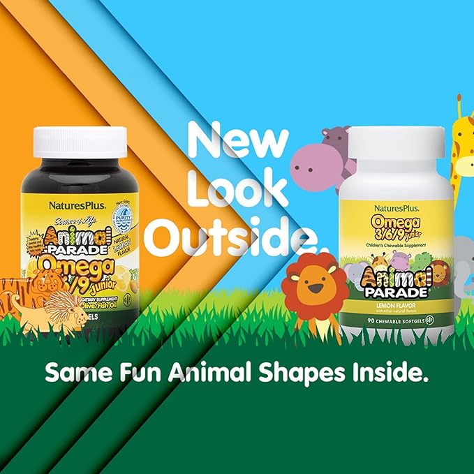 Natures Plus Animal Parade Omega 3/6/9 Junior, Lemon Flavor - 90 Softgels - Promotes Children’s Immune, Skin, Eye & Nervous System Health - Non-GMO, Gluten Free - 45 Servings