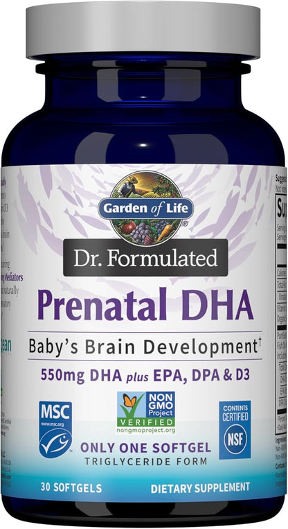 Garden of Life Dr. Formulated Prenatal DHA Fish Oil - 550mg DHA & DPA in Triglyceride Form 100% DV Vitamin D3, Single Source, Mercury Free Omega 3 DHA Supplements for Women's Health, 30 Softgels