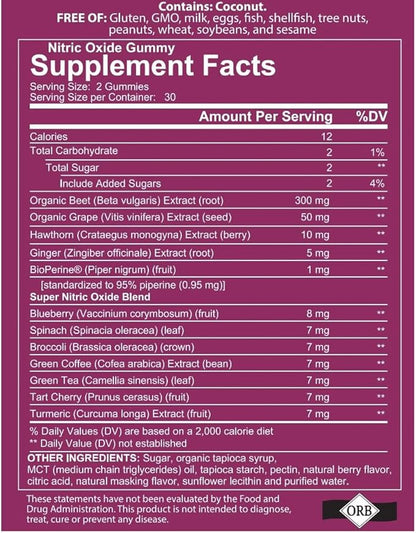 Nitric Oxide Gummies, Boosting Nitric Oxide Production and Blood Pressure, Made with Beet Root Extract is Gluten Free, Non-GMO, and Kosher (60 Count (Pack of 1), Mixed Berry)