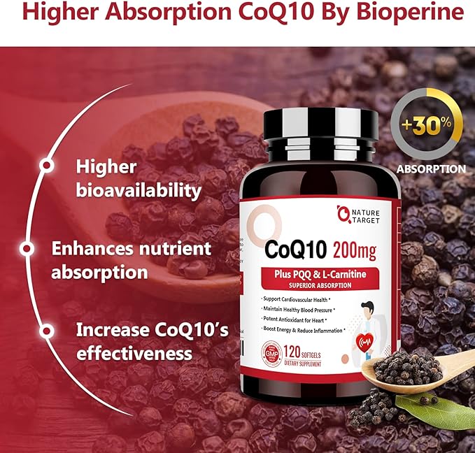 NATURE TARGET CoQ10-200mg with PQQ L-Carnitine & Omega-3s, High Absorption Coenzyme-Q10 with BioPerine, Supports Heart and Immune System, Cellular-Energy-Production, 120 Servings