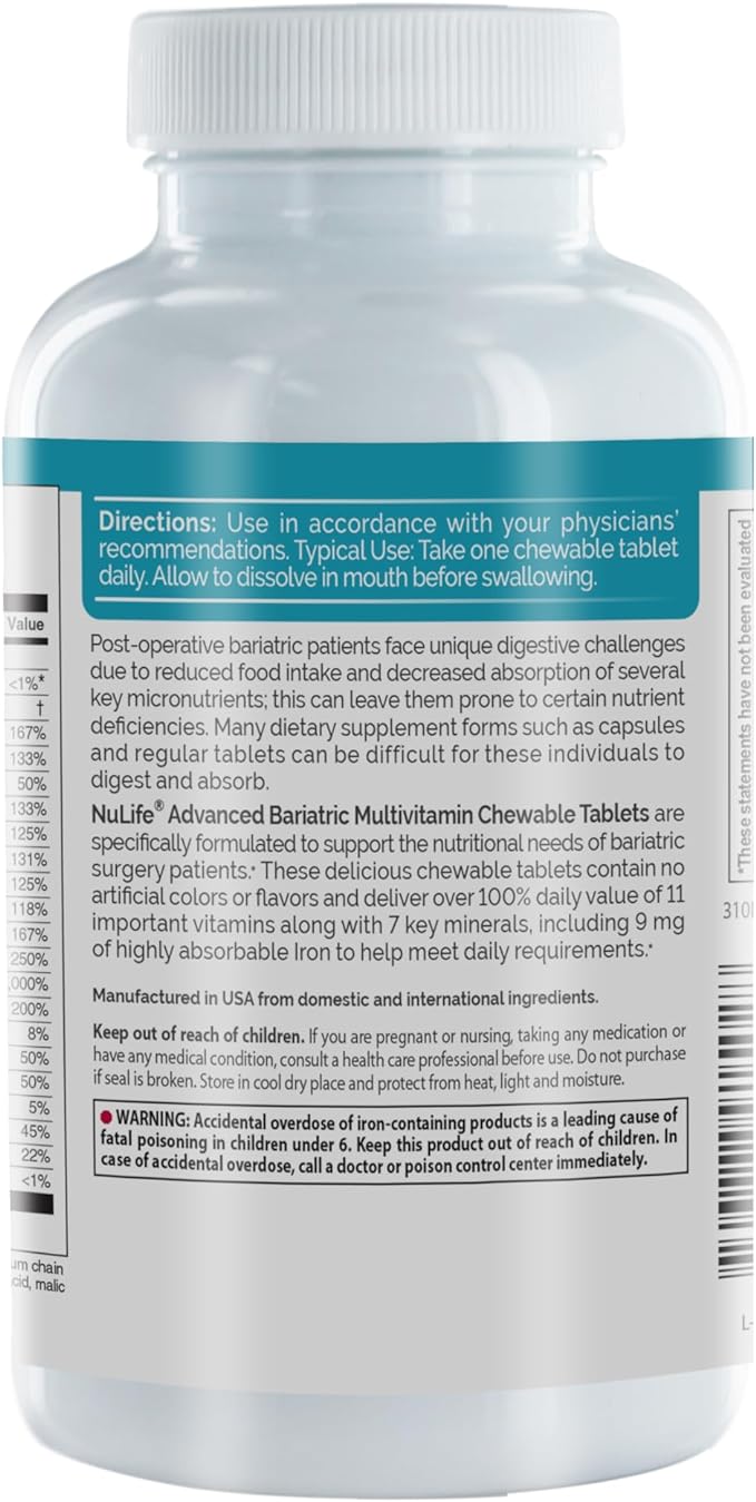 Nu-Life Advanced Bariatrics Multivitamin Chewable Tablets, Bariatric Mulivitamin with Iron - Tropical Berry (60 Chewable Tablets) (Packaging May Vary)