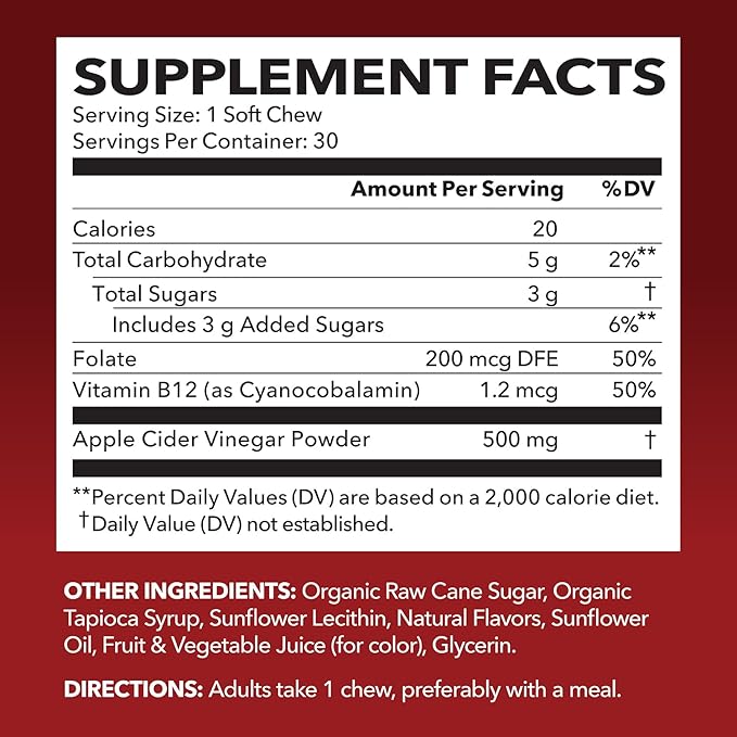 Apple Cider Vinegar Chews - Apple Cider Vinegar Supplements for Energy Management - Enhanced with Vitamin B12 and Folate - ACV Chews - 1 Month Supply Individually-Wrapped Chews