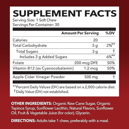 Apple Cider Vinegar Chews - Apple Cider Vinegar Supplements for Energy Management - Enhanced with Vitamin B12 and Folate - ACV Chews - 1 Month Supply Individually-Wrapped Chews