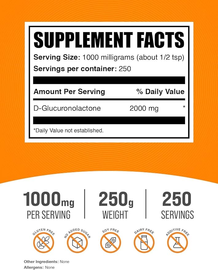 BulkSupplements.com Glucuronolactone Powder - as D-Glucuronolactone, for Energy Support, Glucuronolactone Supplement - Pure & Gluten Free, 1000mg per Serving, 250g (8.8 oz) (Pack of 1)