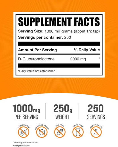 BulkSupplements.com Glucuronolactone Powder - as D-Glucuronolactone, for Energy Support, Glucuronolactone Supplement - Pure & Gluten Free, 1000mg per Serving, 250g (8.8 oz) (Pack of 1)