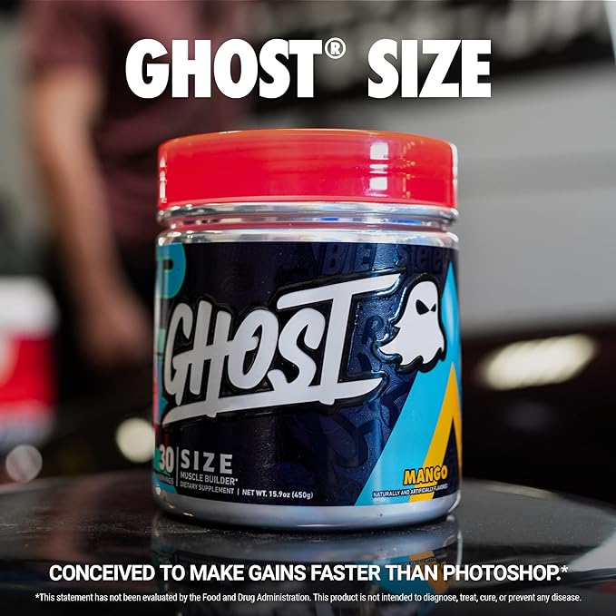 GHOST Size Muscle Builder Dietary Supplement - Mango, 30 Servings - Muscle Growth and Strength Building Supplements for Men & Women - Creatine, Betaine & Beta-Alanine - Free of Sugar & Gluten, Vegan