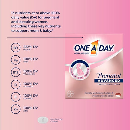 One A Day Womens Prenatal Advanced Complete Multivitamin with Brain Support* with Choline, Folic Acid, Omega-3 DHA & Iron for Pre, During and Post Pregnancy, 30+30 Count (60 Total Set)