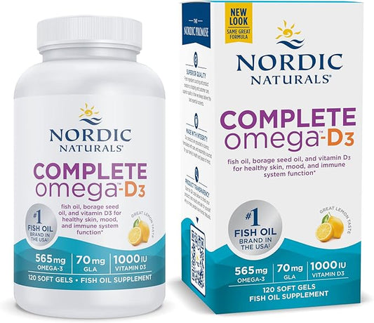 Nordic Naturals Complete Omega-D3, Lemon Flavor - 120 Soft Gels - 565 mg Omega-3 + 70 mg GLA + 1000 IU Vitamin D3 - EPA & DHA - Healthy Skin & Joints, Cognition, Positive Mood - Non-GMO - 60 Servings