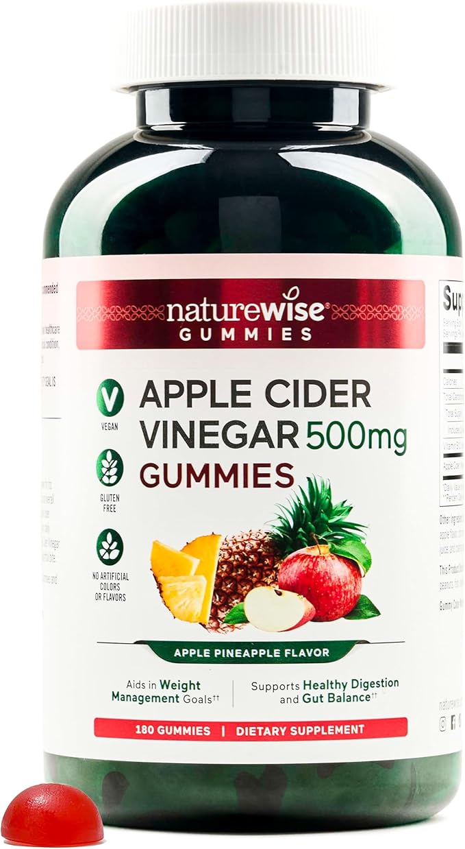 NatureWise Apple Cider Vinegar Gummies - 500mg ACV Gummies with Vitamin B12 - Apple-Pineapple Flavor - Support for Energy & Gut Health - Vegan, Gluten-Free, Non-GMO - 180 Gummies[6-Month Supply]