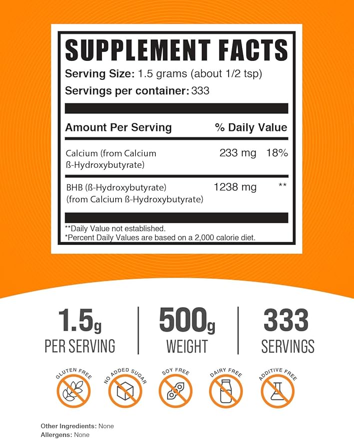 BulkSupplements.com Calcium BHB Powder - Beta-HydroxyButyrate Powder, BHB Supplement - BHB Salts, Electrolytes Supplement - Unflavored, 1500mg per Serving, 500g (1.1 lbs) (Pack of 1)