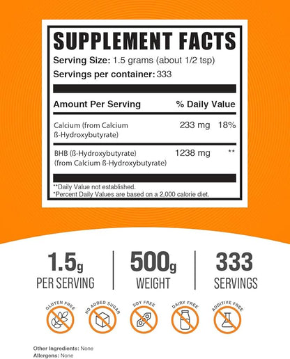 BulkSupplements.com Calcium BHB Powder - Beta-HydroxyButyrate Powder, BHB Supplement - BHB Salts, Electrolytes Supplement - Unflavored, 1500mg per Serving, 500g (1.1 lbs) (Pack of 1)