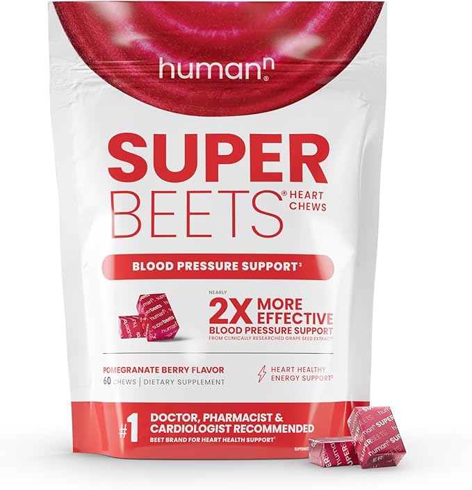 humanN SuperBeets Heart Chews, Nitric Oxide and Blood Pressure Support, Grape Seed Extract & Non-GMO Beet Root Powder Energy Chew, Pomegranate Berry Flavor, 60 Count