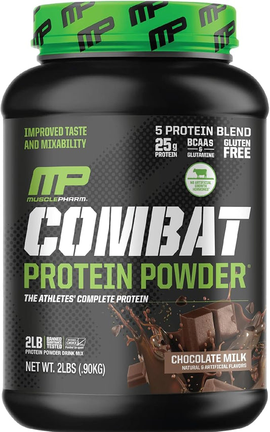 MusclePharm Combat Protein Powder, Chocolate Milk Flavor, Fuels Muscles for Productive Workouts, 5 Protein Sources Including Whey Protein Isolate & Egg Albumin, Gluten Free, 2 lb, 26 Servings