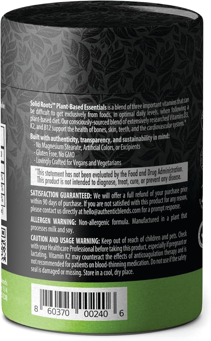 SOLID ROOTS Vegan Vitamin D3 + K2 +B12 for Bones, Heart, Skin, Teeth Plant-Based Multivitamin Essentials