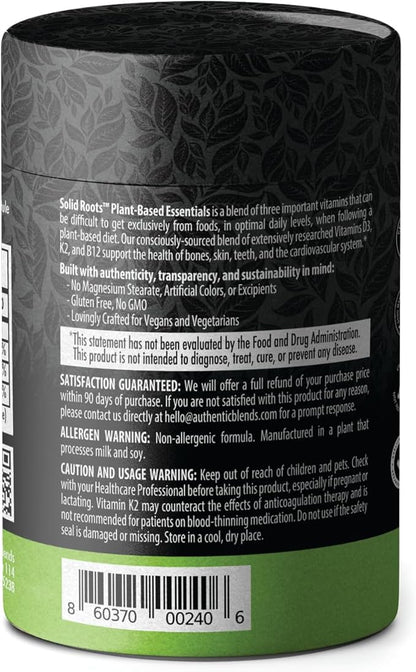 SOLID ROOTS Vegan Vitamin D3 + K2 +B12 for Bones, Heart, Skin, Teeth Plant-Based Multivitamin Essentials