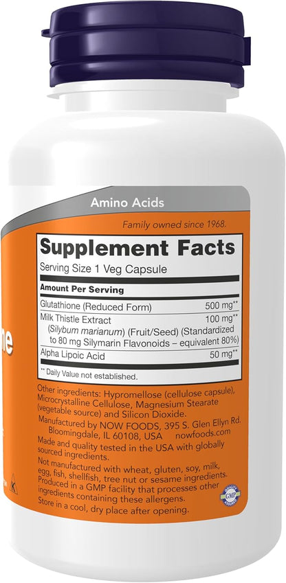 NOW Foods Supplements, Glutathione 500 mg, With Milk Thistle Extract & Alpha Lipoic Acid, Free Radical Neutralizer*, 60 Veg Capsules