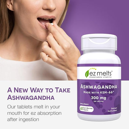 EZ Melts Dissolvable KSM-66 Ashwagandha®, 300 mg, Sugar-Free, Stress, Sleep and Mood Support Supplement, 30-Day Supply, Apple Berry-Flavor