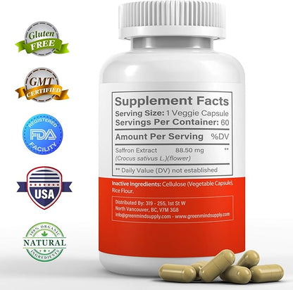Saffron Supplements, Organic Saffron Extract Capsules for Eyes & Heart Health, Appetite Suppressant for Weight Loss Women, Supports Immune System, Metabolism Booster, Non–GMO