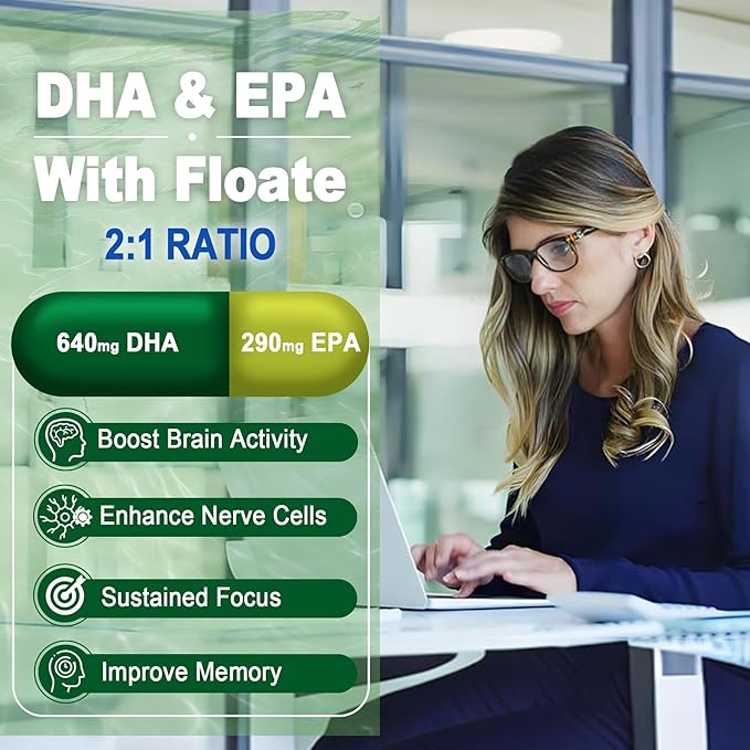 Vegan Omega 3 Supplement Gummies 1100mg, Algae Omega 3 DHA 640mg & EPA 290mg from Marine, with CoQ10, Astaxanthin, Vitamin E, A, D3 for Brain, Eye, Joint, Fish Oil Supplements Alternative, Sugar Free