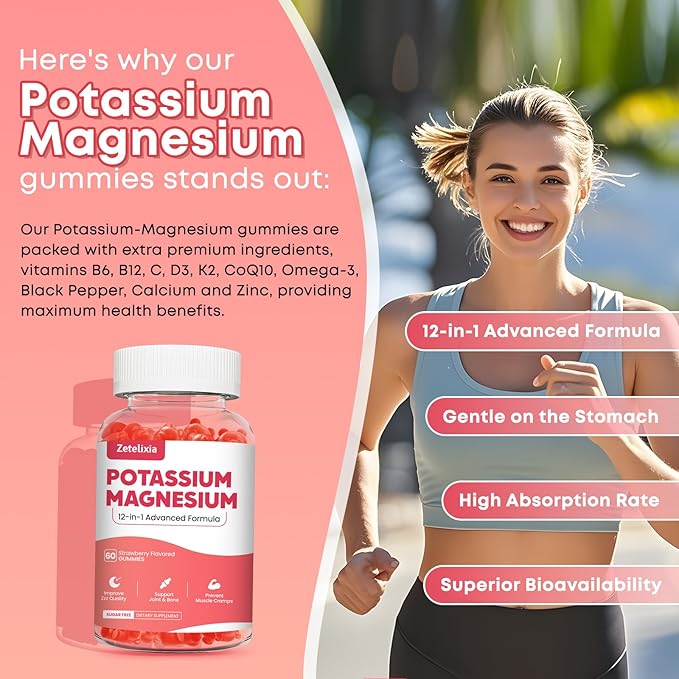 Potassium Magnesium Supplement Gummies for Adults Kids, Magnesium Glycinate Gummies 600mg & Potassium Citrate 1000mg, Plus Multivitamin,Omega-3 & Black Pepper, Leg Cramps, Muscle & Heart Health, 120ct