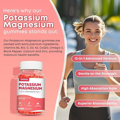 Potassium Magnesium Supplement Gummies for Adults Kids, Magnesium Glycinate Gummies 600mg & Potassium Citrate 1000mg, Plus Multivitamin,Omega-3 & Black Pepper, Leg Cramps, Muscle & Heart Health, 120ct
