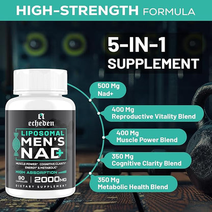 2000MG NAD+ Supplement for Men, Liposomal NAD+ for Cellular Energy, Brain, Muscle, Repair, 5-in-1 Formula NAD+, 99% Absorption, NAD+ Supplement Pure Organic, Made in USA, 180 Vegan Capsules