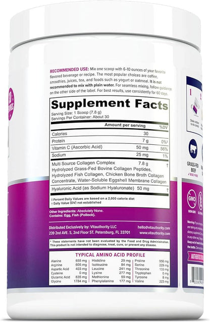 Multi Collagen Peptides Powder for Women and Men - Instant Dissolving Grass Fed Hydrolyzed Collagen Powder Drink Mix for Beautiful Hair Skin and Nails with Hyaluronic Acid and Vitamin C - Unflavored