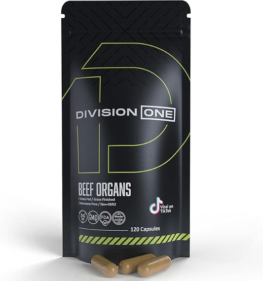 Division One Beef Organ Supplement - Primal Blend with Liver, Heart, Kidney, Beef Liver Supplement Grass Fed, Organ Meat Supplements for Humans, Non-GMO, 120 Caps.