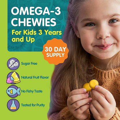 Omega 3 Gummies - Ultra-High DHA Chewable Gel Gummy - Omega 3 for Kids Supports Brain & Eye Health - Sugar-Free Natural Fruit Flavor - Kids Omega 3 Fish Oil Gummies (30 Count)