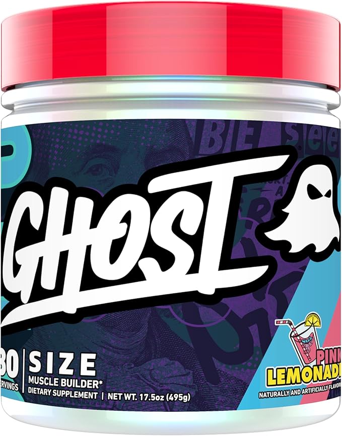 GHOST Size Muscle Builder Dietary Supplement with Creatine Monohydrate - Pink Lemonade, 30 Servings - Muscle Growth & Strength Building for Men & Women - Betaine, Beta-Alanine - Free of Sugar & Gluten