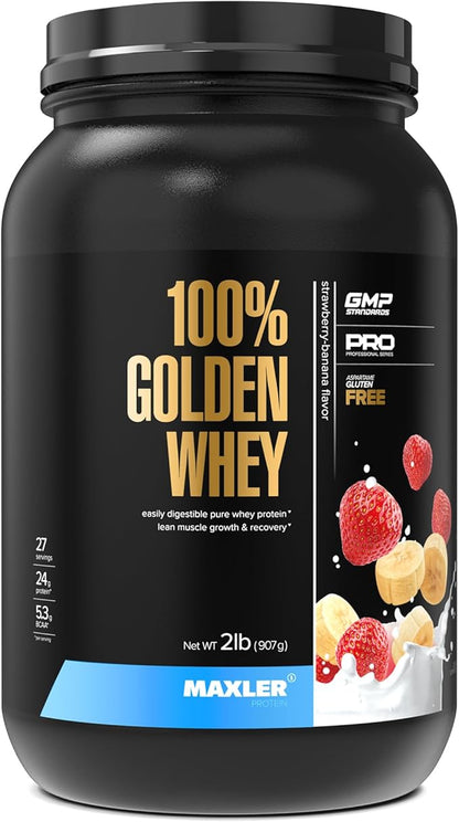 Maxler 100% Golden Whey Protein - 24g of Protein per Serving - Premium Whey Protein Powder for Pre Post Workout - Fast-Absorbing Whey Concentrate, Isolate & Hydrolysate Blend - Strawberry Banana 2 lbs