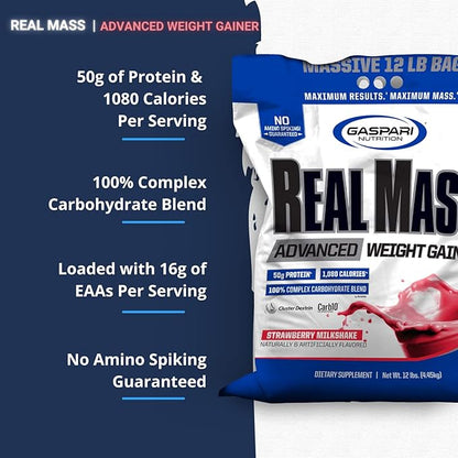 Gaspari Nutrition Real Mass Advanced Weight Gainer, Strawberry Milkshake, 12 Pound