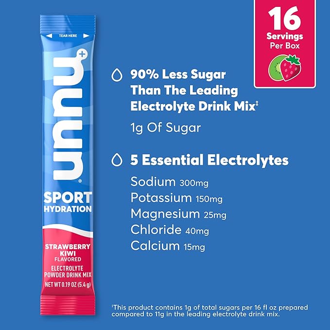 Nuun Sport Electrolyte Powder Packets - Strawberry Kiwi Flavor, 5 Essential Electrolytes for Hydration, Easy Open Drink Mix with Magnesium, 1g Sugar, Non GMO, Vegan, 16 Single Serving Sticks