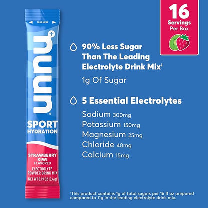 Nuun Sport Electrolyte Powder Packets - Strawberry Kiwi Flavor, 5 Essential Electrolytes for Hydration, Easy Open Drink Mix with Magnesium, 1g Sugar, Non GMO, Vegan, 16 Single Serving Sticks