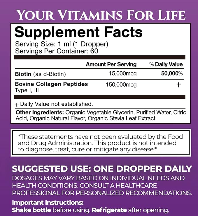 Maximum Strength 165,000mcg Liquid Biotin & Collagen Drops – Vitamins for Hair Growth for Women & Men – Supports Healthy Hair, Radiant Skin & Strong Nails – 98% Absorption, Non-GMO, 60 Servings