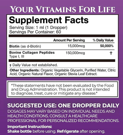 Maximum Strength 165,000mcg Liquid Biotin & Collagen Drops – Vitamins for Hair Growth for Women & Men – Supports Healthy Hair, Radiant Skin & Strong Nails – 98% Absorption, Non-GMO, 60 Servings