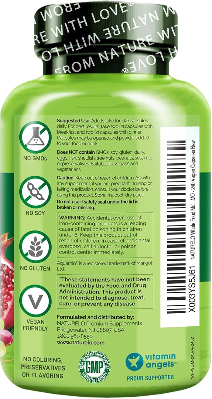 NATURELO Whole Food Multivitamin for Women - with Vitamins, Minerals, & Organic Extracts - Supplement for Energy and Heart Health - Non GMO - 240 Vegan Capsules