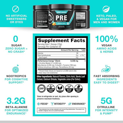 Honey Badger Pre Workout Powder, Keto Vegan Preworkout for Men & Women, Beta Alanine & Caffeine, Sugar Free Natural Energy Supplement, Tropical Punch (High-Stim)