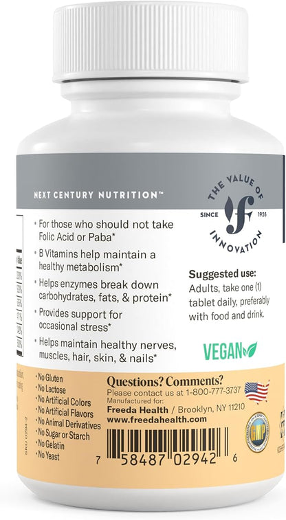 Freeda Vitamin B Complex No Folic No PABA - Super B Complex Kosher Vitamin Supplement with Vitamin B1 Vitamin B2 Vitamin B3 Vitamin B5 Vitamin B6 Vitamin B12 - Vit B Complex B for Women & Men (250 Ct)