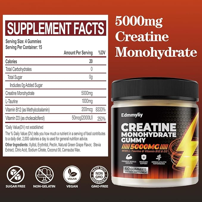 Sugar Free Creatine Monohydrate Gummies 5000mg for Men & Women Chewables Creatine Gummy with L-Taurine, Vitamin B12 & D3 for Muscle Builder, Energy Boost and Increase Strength 120 Counts (120 Counts)