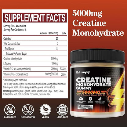 Sugar Free Creatine Monohydrate Gummies 5000mg for Men & Women Chewables Creatine Gummy with L-Taurine, Vitamin B12 & D3 for Muscle Builder, Energy Boost and Increase Strength 120 Counts (120 Counts)