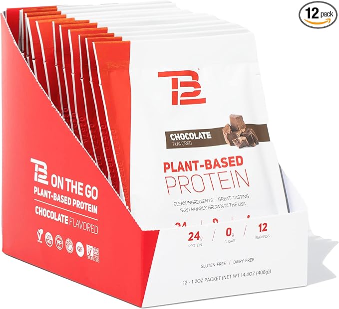 TB12 Plant Based Protein Powder by Tom Brady, 24g of Vegan Pea Protein, Low Sugar, Low Carb, Non-GMO, Meal Replacement, Keto Friendly, Paleo, Sugar Free, Chocolate Flavor (1.12 Ounce / 12 Pack)