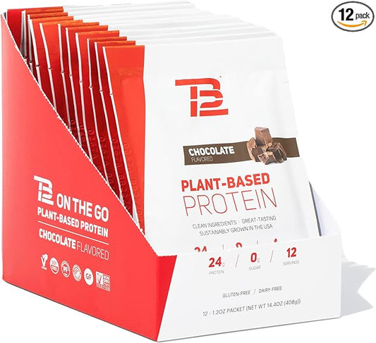 TB12 Plant Based Protein Powder by Tom Brady, 24g of Vegan Pea Protein, Low Sugar, Low Carb, Non-GMO, Meal Replacement, Keto Friendly, Paleo, Sugar Free, Chocolate Flavor (1.12 Ounce / 12 Pack)