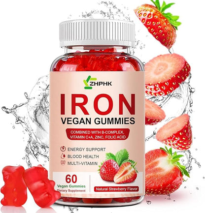 Iron Supplement Gummies, 65mg Iron and 250mg Vitamin C for Women Men Kids, Natural Vegan Iron Gummy with Vitamin A, B-Complex, Biotin, Zinc & Folate -Blood Builder & Energy Support, 60 Gummies