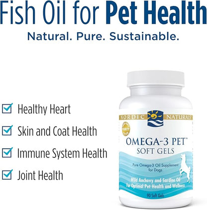 Nordic Naturals Omega-3 Pet, Unflavored - 90 Soft Gels - 330 mg Omega-3 Per Soft Gel - Fish Oil for Dogs with EPA & DHA - Promotes Heart, Skin, Coat, Joint, & Immune Health
