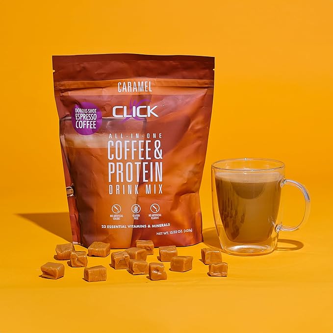 Click Coffee Protein Powder | Double Shot Espresso | 16g Protein | 23 Essential Vitamins | Low Calorie Meal Replacement | 150mg Caffeine | Gluten Free | No Artificial Flavors or Colors | Caramel