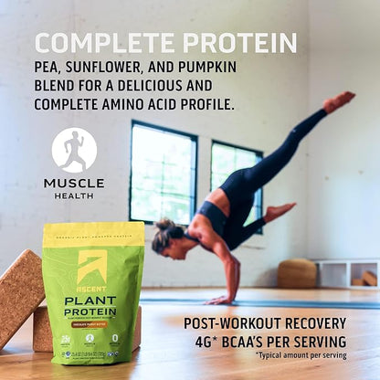 Ascent Plant Based Protein Powder - Non Dairy Vegan Protein, Zero Artificial Ingredients, Soy & Gluten Free, No Added Sugar, 4g BCAA, 2g Leucine - Vanilla, 20 Servings