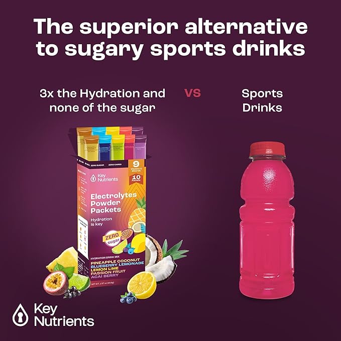 KEY NUTRIENTS Hydration Packets - 5 Delicious Flavors in Electrolytes Powder Packets No Sugar 10 Pack - No Calories, Gluten Free Electrolytes Powder Packets, Non GMO, Made in USA