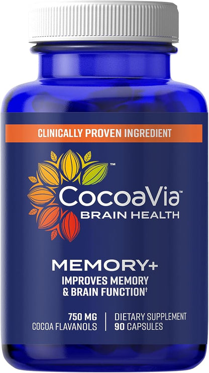 CocoaVia Memory+ Brain Supplement, Clinically Proven Memory and Brain Booster, Plant Based Supplement, Sugar Free, Gluten Free, Vegan, 750 mg Cocoa Flavanols Capsules, 30 Day Supply